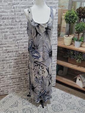 Dana Kay Floral Maxi Dress in Gray and Blue, Womens Sz 16, Wedding Guest